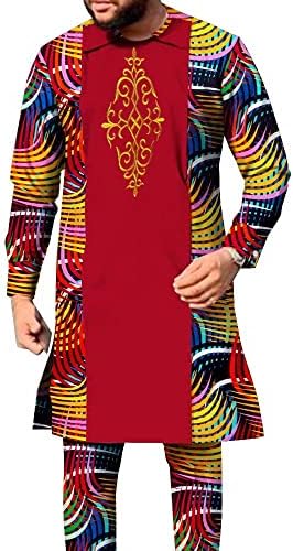 בגדי הדפסה אפריקאים לגברים מגדירים תלבושות של דשיקי תלבושות שני חלקים עם שרוול ארוך חולצה רקומה וחולצה אפריקאית מגברים.
