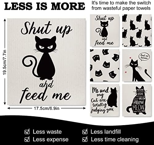 AndyDesign Black חתול שחור שוודי מטבח כלים חיות מחמד חמוד סופג כותנה מגבת מטבח מגבת חתלתול הדפסים ניקוי כלים למסיבות בית מגבונים לניקיון בית, 7 x 8 אינץ ', 6 יחידות