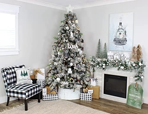 צווארון עץ לבן כפרי של Auldhome, בקוטר 29 אינץ 'בסיס וינטג' כלי חג המולד מבטא, עיצוב חרוט אורן במצוקה