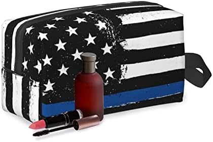 Impcokru תיקי איפור גדולים לנשים תיק קוסמטיקה אטום למים, דגל שחור עם קו כחול משטרה, תיק איפור צד כפול תיק רוכסן רוכסן לנשים ולבנות