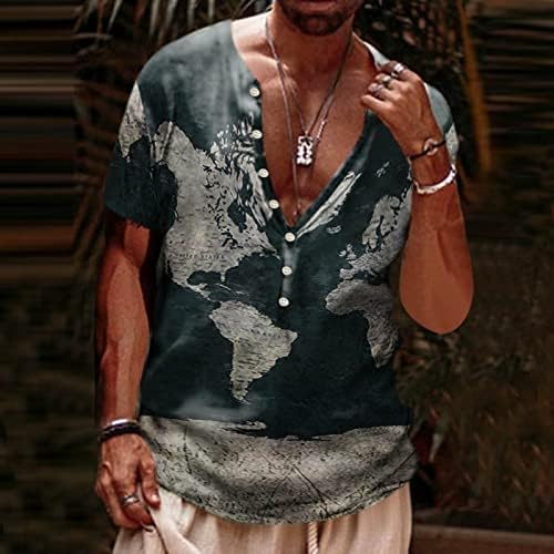 UBST Mens Henley חולצות 3D רטרו במצוקה עולמית מפת הדפסה כפתור V צוואר עליון קיץ שרוול קצר חולצה מזדמנת חולצת חוף