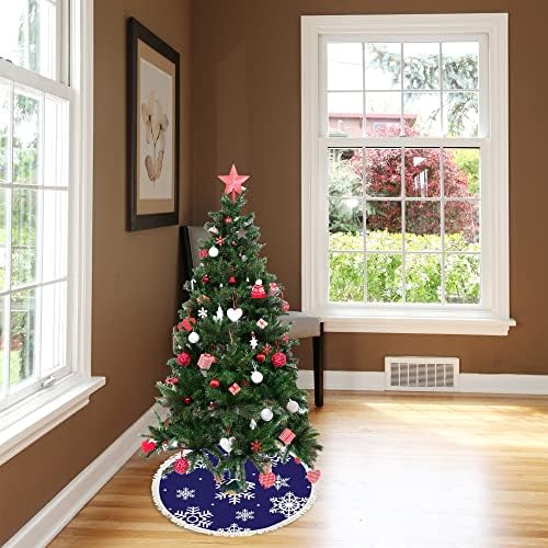 חצאית עץ חג המולד בגודל 48 אינץ 'פתיתי שלג לבנים על כחול עץ גדול חצאית מחצלת חווה חווה חווה חג המולד מחצלת עץ לעיצוב בית חיצוני פנימי