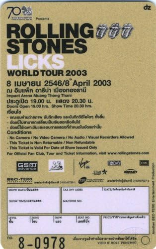רולינג סטונס 2003 כרטיס קונצרט ללא שימוש בנגקוק זהב