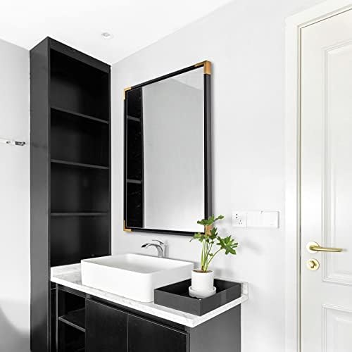 אנדי סטאר מראות שחורות לקיר, מראה ממוסגרת מעץ אורן ניו זילנדי, מראה אמבטיה מלבנית בגודל 22 על 30 עם פינת מתכת זהב, מראה שחורה וזהב מראה איפור מודרנית תלויה אנכית או אופקית